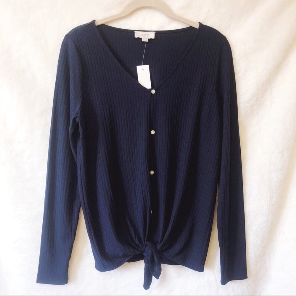 LOFT Blue Button Tie Hem Long Sleeve Shirt